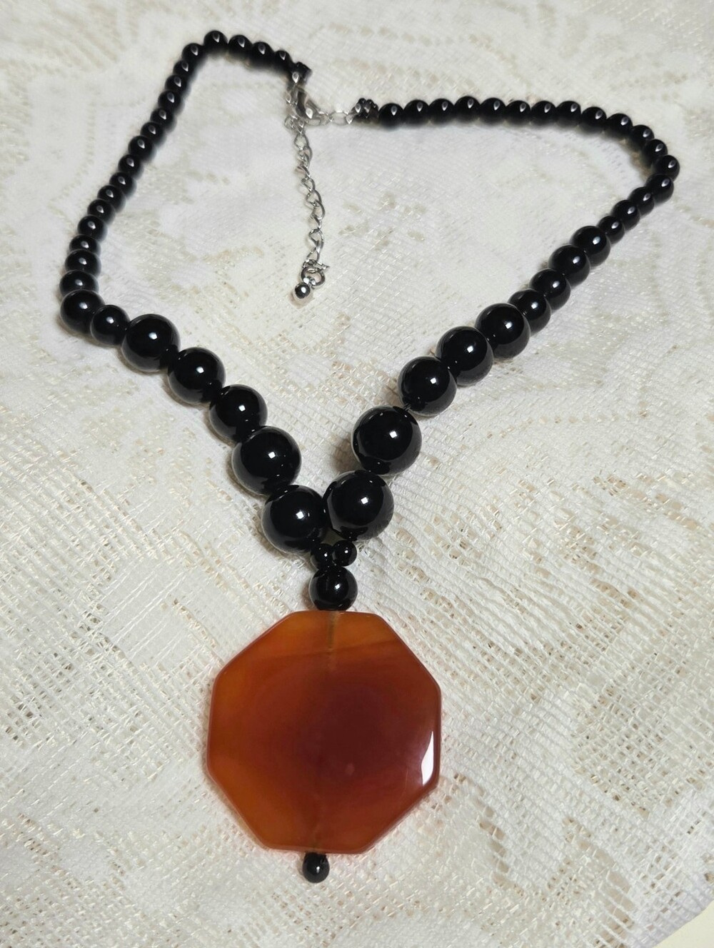 Large Carnelian Stone Pendant Necklace Black Glass Beads Adjustable